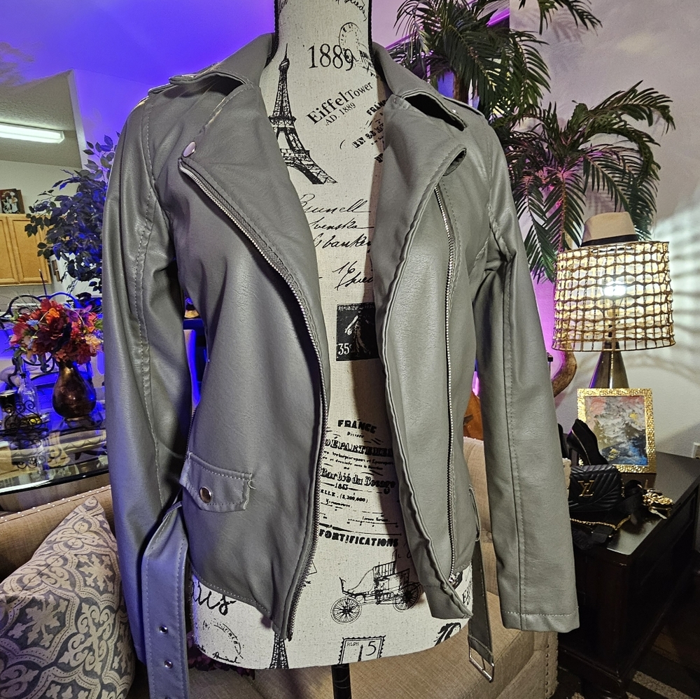 Gray faux leather moto jacket